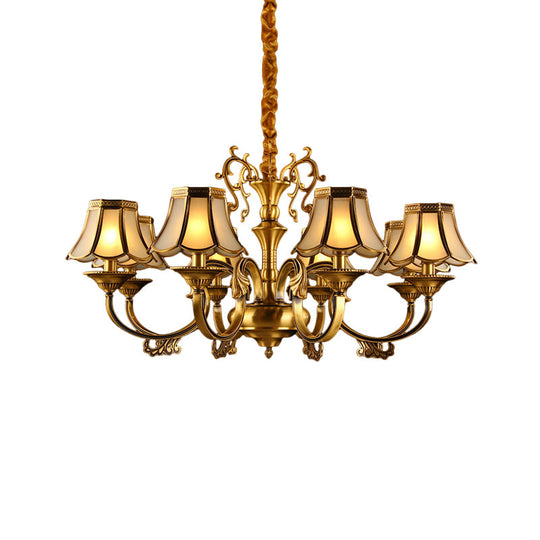 Gold Frosted Glass Pendant Chandelier With Scalloped Design And Colonial Styling - 3/5/6 Bulbs