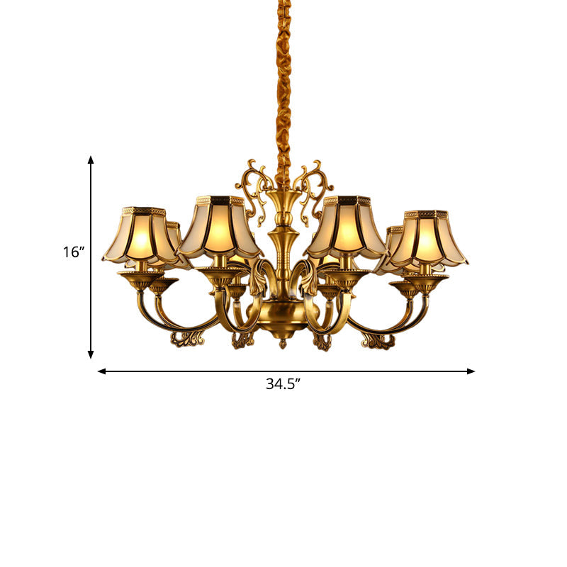 Gold Frosted Glass Pendant Chandelier With Scalloped Design And Colonial Styling - 3/5/6 Bulbs