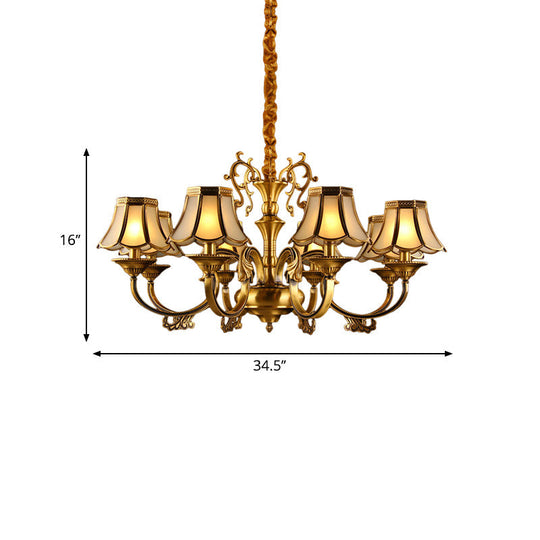 Gold Frosted Glass Pendant Chandelier With Scalloped Design And Colonial Styling - 3/5/6 Bulbs