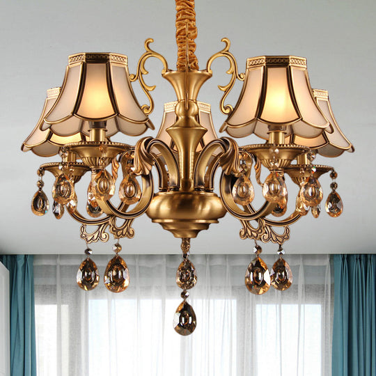 Scalloped Hanging Chandelier With Frosted Glass Down Lighting Pendant Colonial Style. Available In