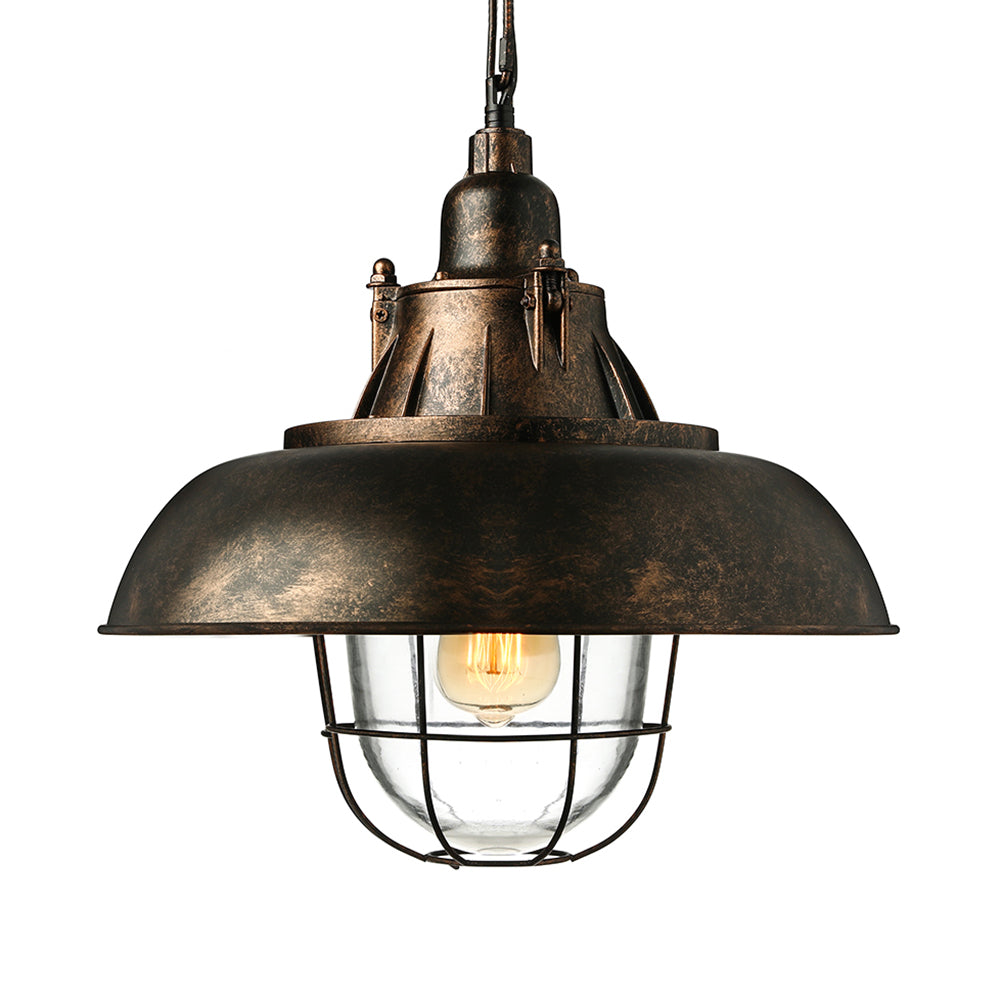 Industrial Black/Rust Metal and Glass Ceiling Light with Wire Cage - 1-Head Bowl Hanging Fixture for Restaurants