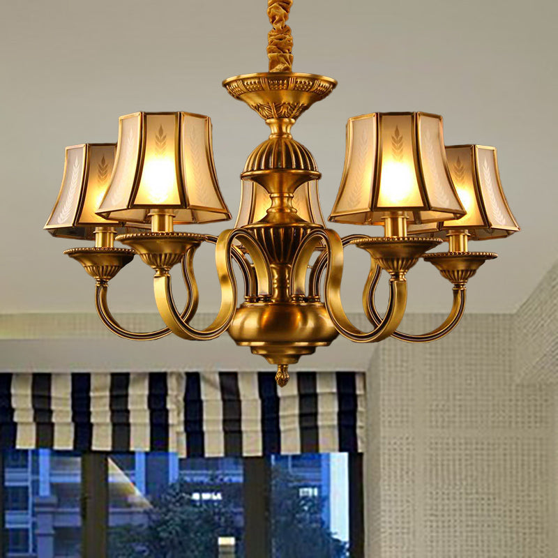 Flared Chandelier Lighting - 3/5/6 Lights Colonial Gold Finish Frosted Glass Hanging Ceiling Lamp 5