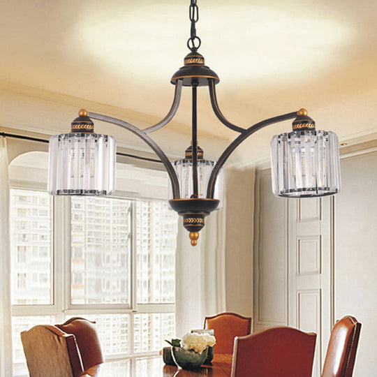 Modern Curved Arm Chandelier With Clear Tri-Sided Crystal Rods - 3/5/6 Heads Black Ceiling Fixture