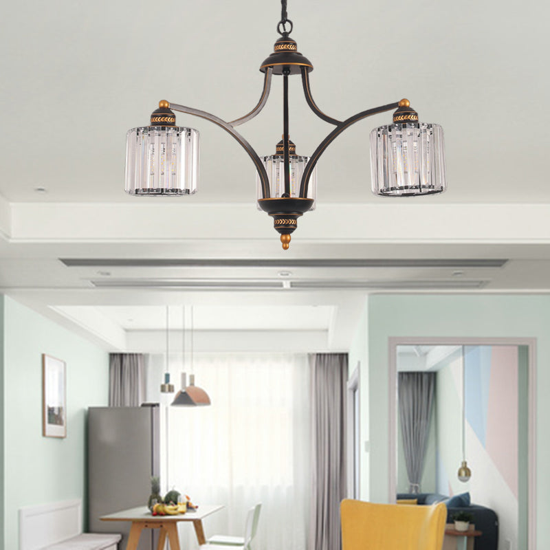 Modern Curved Arm Chandelier With Clear Tri-Sided Crystal Rods - 3/5/6 Heads Black Ceiling Fixture