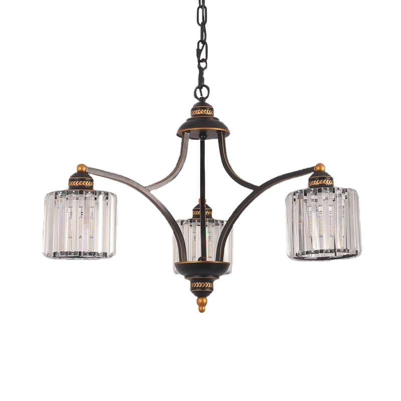 Modern Curved Arm Chandelier With Clear Tri-Sided Crystal Rods - 3/5/6 Heads Black Ceiling Fixture