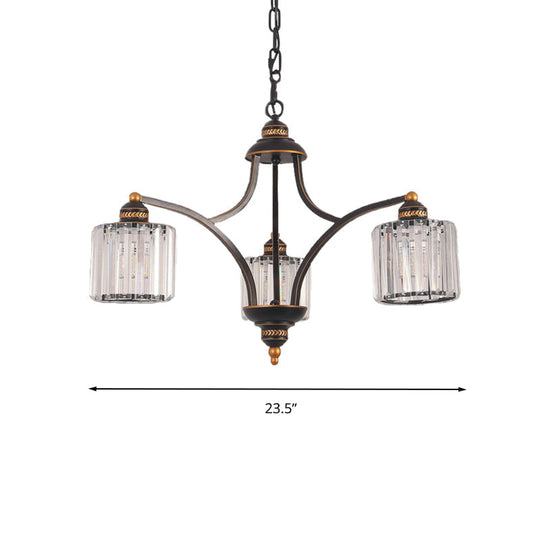 Modern Curved Arm Chandelier With Clear Tri-Sided Crystal Rods - 3/5/6 Heads Black Ceiling Fixture