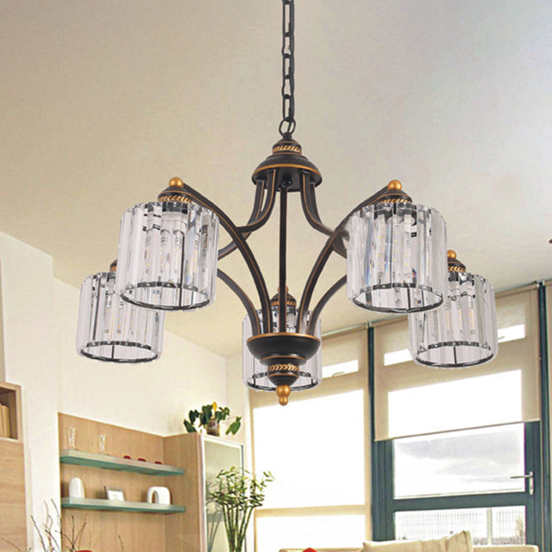 Modern Curved Arm Chandelier With Clear Tri-Sided Crystal Rods - 3/5/6 Heads Black Ceiling Fixture