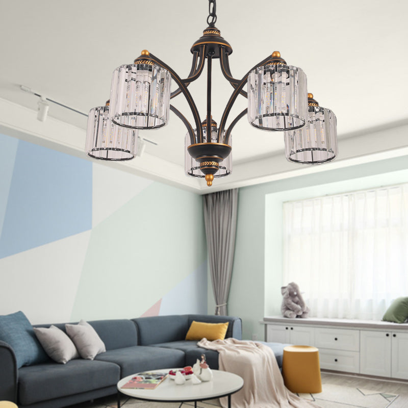 Modern Curved Arm Chandelier With Clear Tri-Sided Crystal Rods - 3/5/6 Heads Black Ceiling Fixture