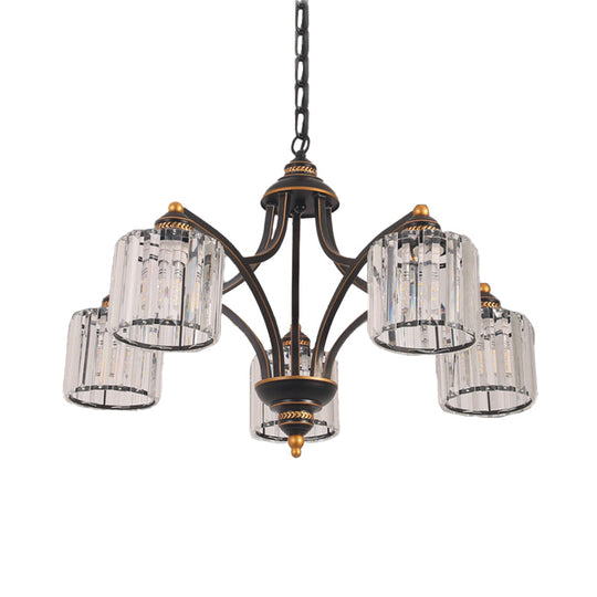 Modern Curved Arm Chandelier With Clear Tri-Sided Crystal Rods - 3/5/6 Heads Black Ceiling Fixture