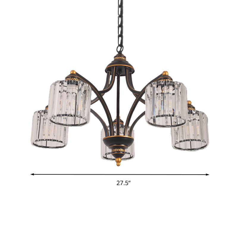 Modern Curved Arm Chandelier With Clear Tri-Sided Crystal Rods - 3/5/6 Heads Black Ceiling Fixture