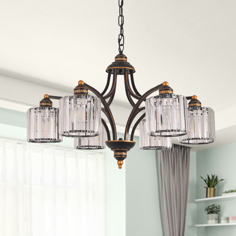 Modern Curved Arm Chandelier With Clear Tri-Sided Crystal Rods - 3/5/6 Heads Black Ceiling Fixture