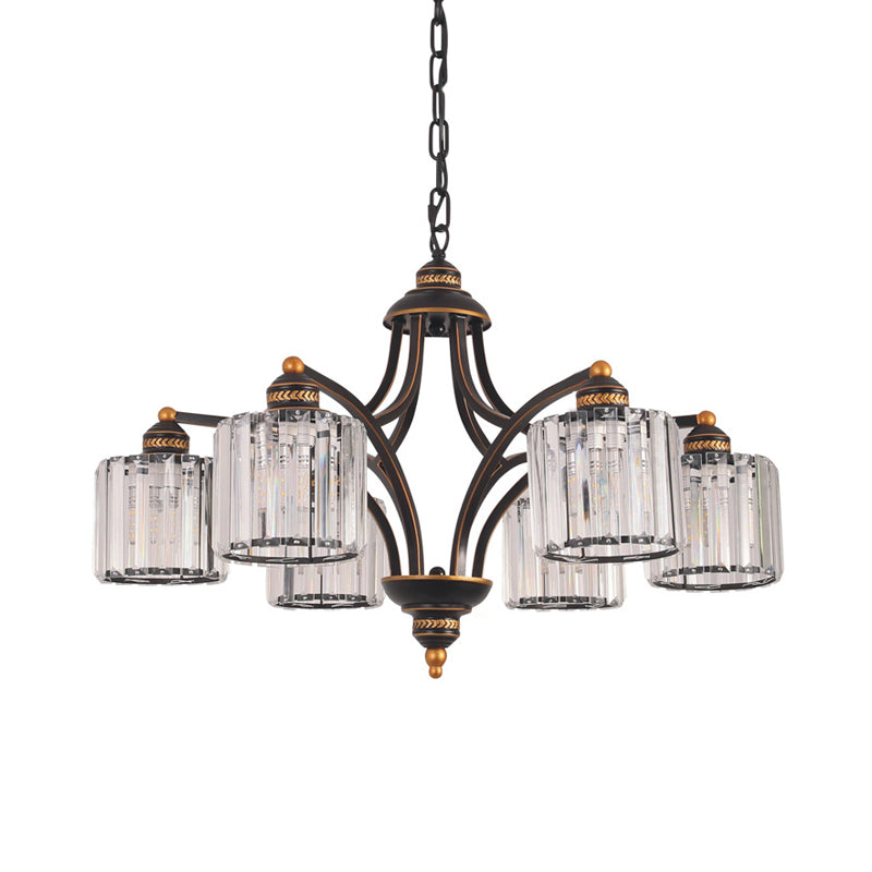 Modern Curved Arm Chandelier With Clear Tri-Sided Crystal Rods - 3/5/6 Heads Black Ceiling Fixture