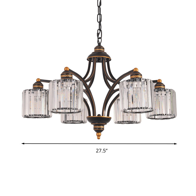 Modern Curved Arm Chandelier With Clear Tri-Sided Crystal Rods - 3/5/6 Heads Black Ceiling Fixture