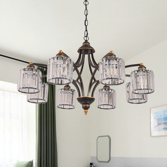 Modern Curved Arm Chandelier With Clear Tri-Sided Crystal Rods - 3/5/6 Heads Black Ceiling Fixture