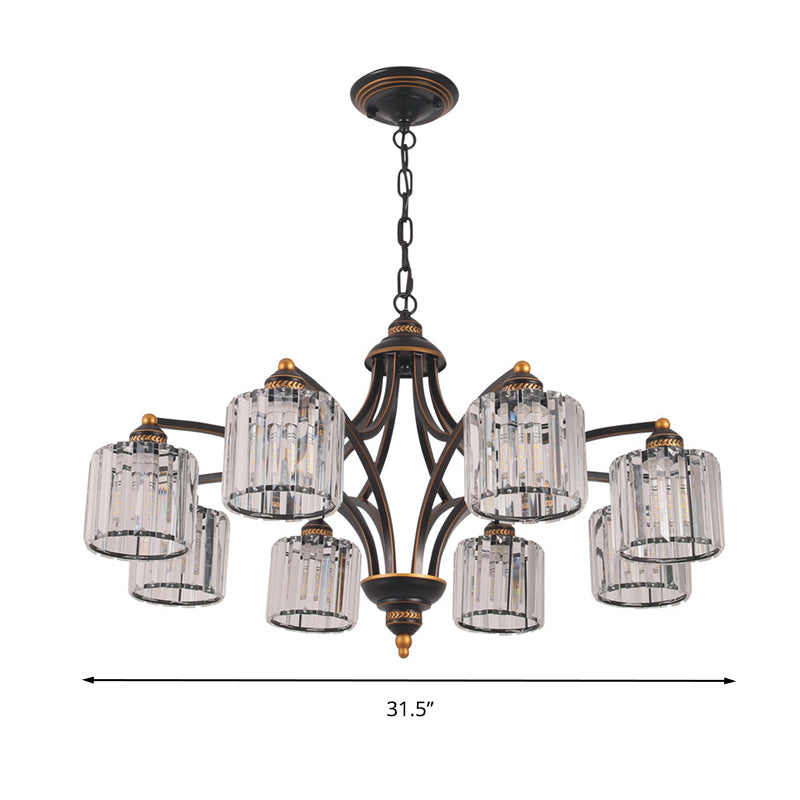 Modern Curved Arm Chandelier With Clear Tri-Sided Crystal Rods - 3/5/6 Heads Black Ceiling Fixture