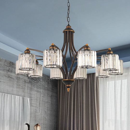 Modern Curved Arm Chandelier With Clear Tri-Sided Crystal Rods - 3/5/6 Heads Black Ceiling Fixture