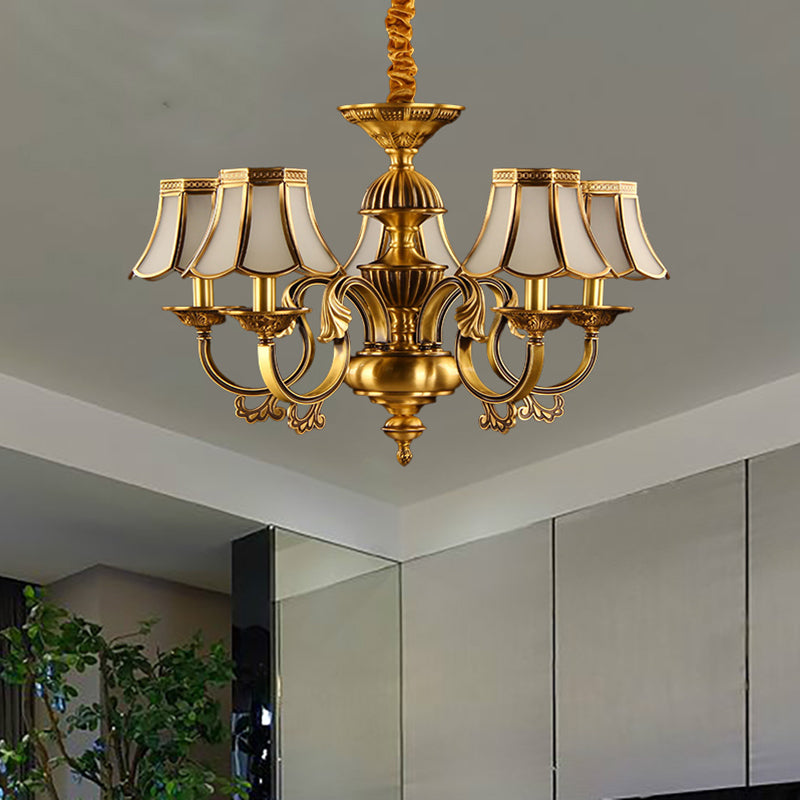 Beige Frosted Glass Pendant Chandelier - Colonial Gold Finish Scalloped Living Room Suspension