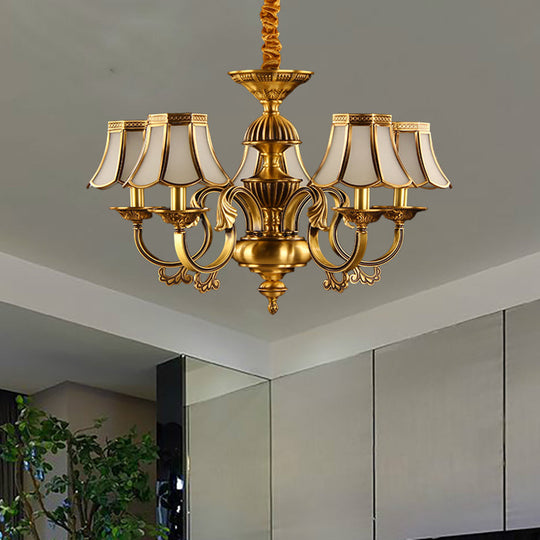 Beige Frosted Glass Pendant Chandelier - Colonial Gold Finish Scalloped Living Room Suspension