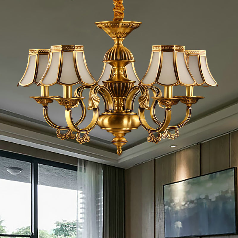 Beige Frosted Glass Pendant Chandelier - Colonial Gold Finish Scalloped Living Room Suspension