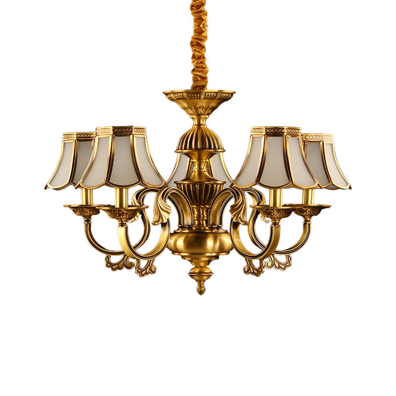 Beige Frosted Glass Pendant Chandelier - Colonial Gold Finish Scalloped Living Room Suspension