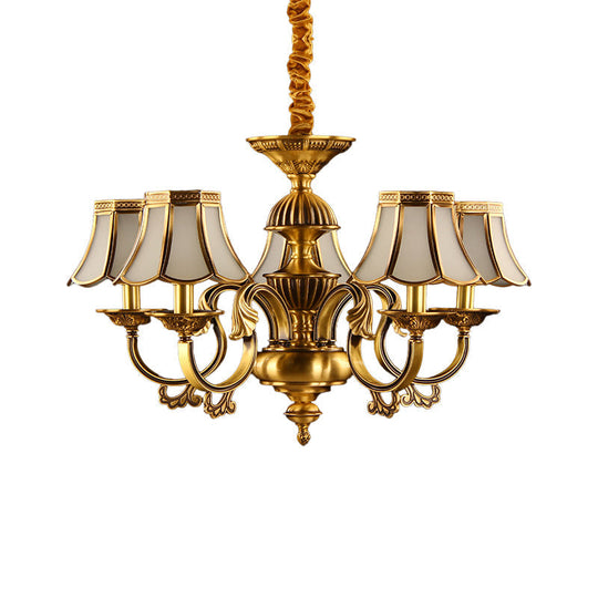 Beige Frosted Glass Pendant Chandelier - Colonial Gold Finish Scalloped Living Room Suspension