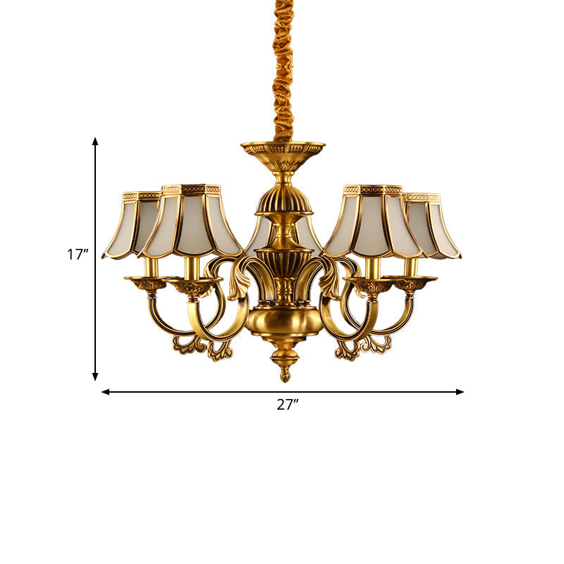 Beige Frosted Glass Pendant Chandelier - Colonial Gold Finish Scalloped Living Room Suspension