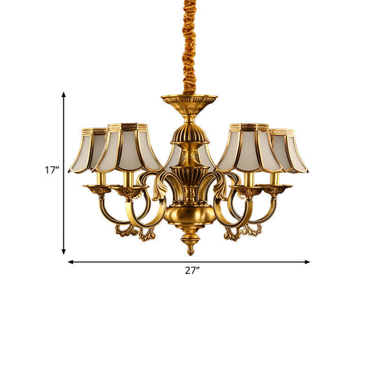 Beige Frosted Glass Pendant Chandelier - Colonial Gold Finish Scalloped Living Room Suspension