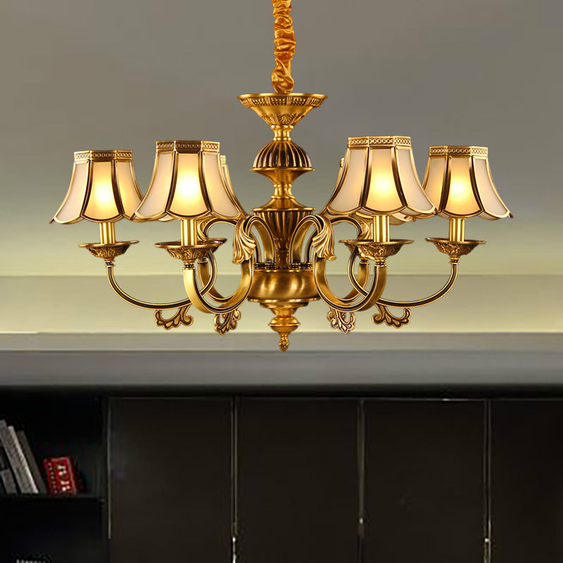 Beige Frosted Glass Pendant Chandelier - Colonial Gold Finish Scalloped Living Room Suspension