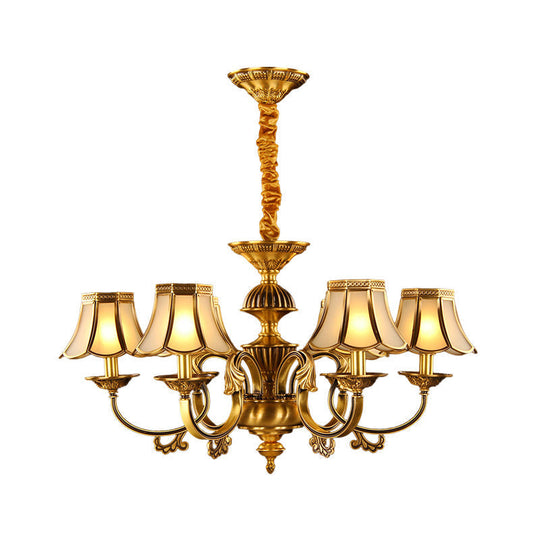 Beige Frosted Glass Pendant Chandelier - Colonial Gold Finish Scalloped Living Room Suspension