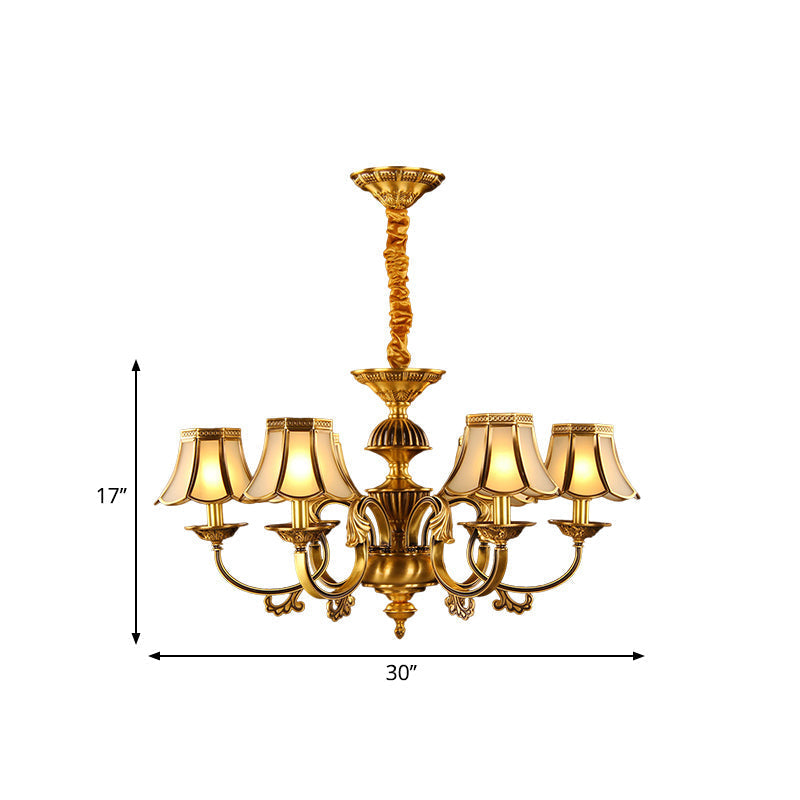 Beige Frosted Glass Pendant Chandelier - Colonial Gold Finish Scalloped Living Room Suspension