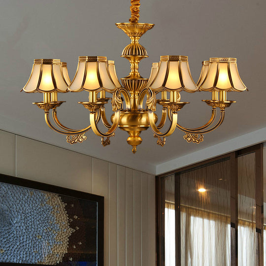 Beige Frosted Glass Pendant Chandelier - Colonial Gold Finish Scalloped Living Room Suspension