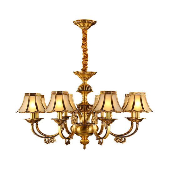 Beige Frosted Glass Pendant Chandelier - Colonial Gold Finish Scalloped Living Room Suspension