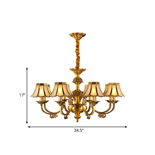 Beige Frosted Glass Pendant Chandelier - Colonial Gold Finish Scalloped Living Room Suspension