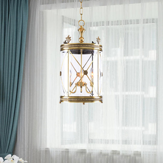 Colonial-Inspired Triple Head Clear Glass Chandelier In Gold - Cylindrical Pendant Lighting Fixture