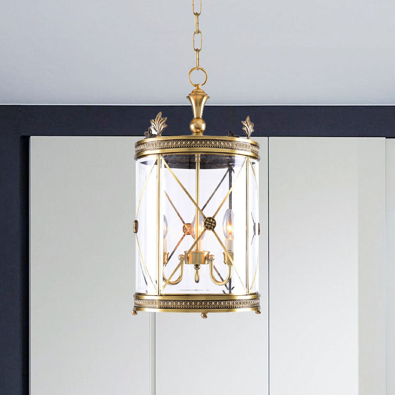 Colonial-Inspired Triple Head Clear Glass Chandelier In Gold - Cylindrical Pendant Lighting Fixture