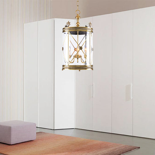 Colonial-Inspired Triple Head Clear Glass Chandelier In Gold - Cylindrical Pendant Lighting Fixture