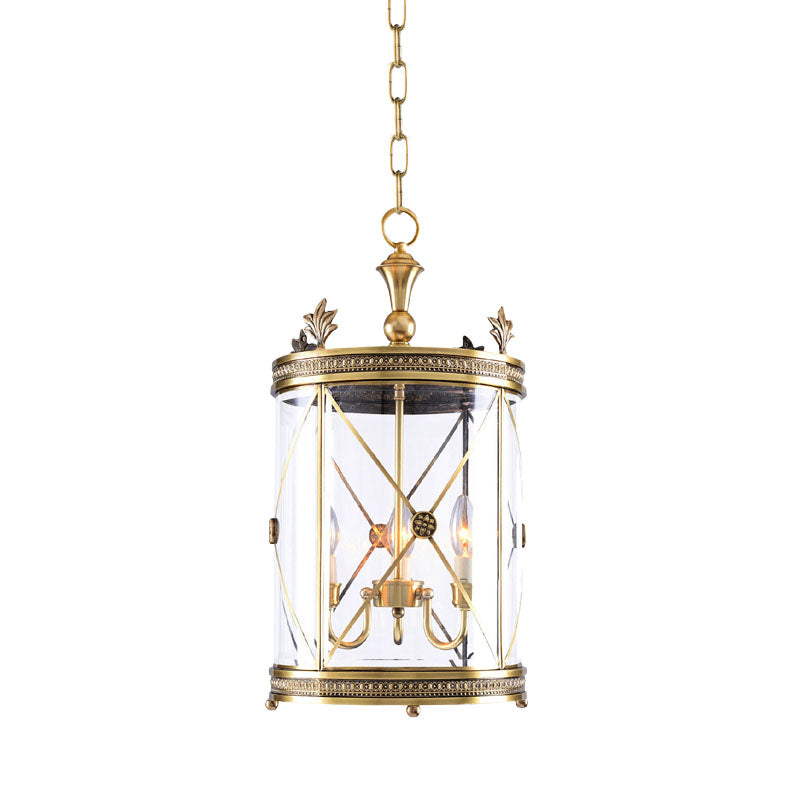 Colonial-Inspired Triple Head Clear Glass Chandelier In Gold - Cylindrical Pendant Lighting Fixture