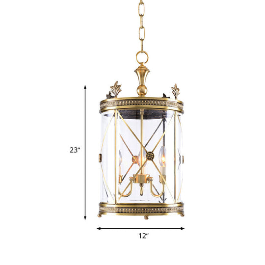 Colonial-Inspired Triple Head Clear Glass Chandelier In Gold - Cylindrical Pendant Lighting Fixture