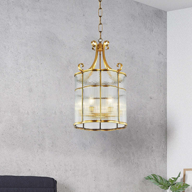 Colonial Gold Clear Prismatic Glass Chandelier - 22/23 H Cylinder Pendant Lamp 4 Bulbs Ideal For