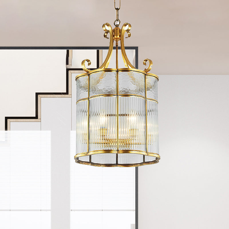 Colonial Gold Clear Prismatic Glass Chandelier - 22/23 H Cylinder Pendant Lamp 4 Bulbs Ideal For