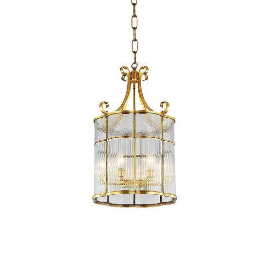 Colonial Gold Clear Prismatic Glass Chandelier - 22/23 H Cylinder Pendant Lamp 4 Bulbs Ideal For