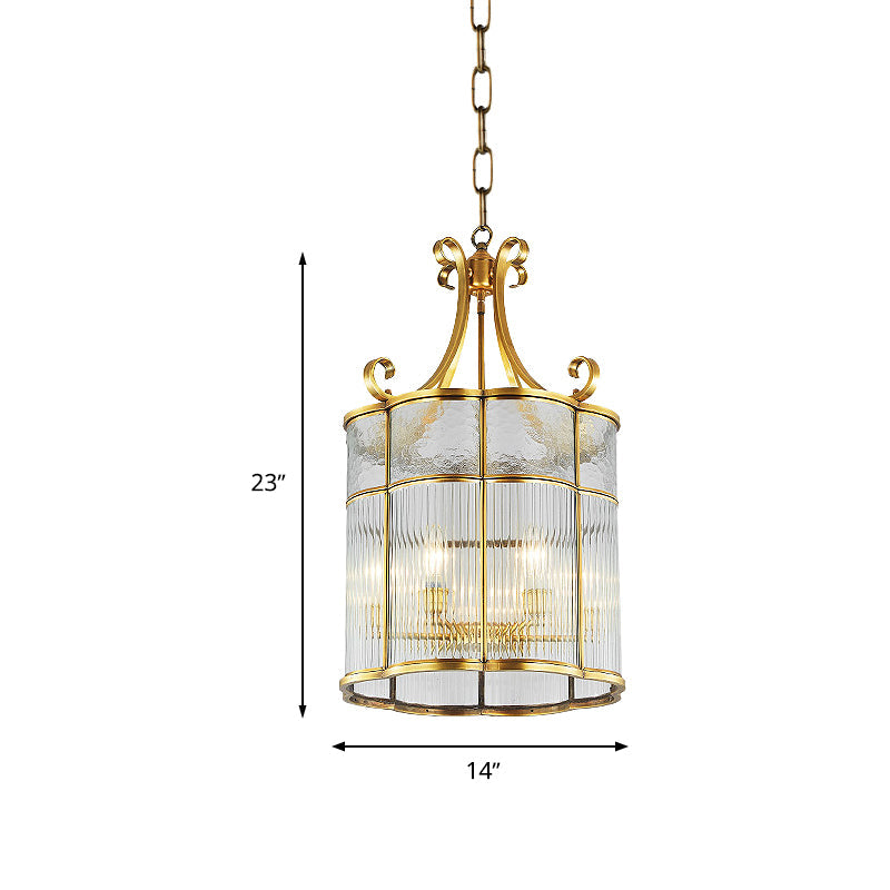 Colonial Gold Clear Prismatic Glass Chandelier - 22/23 H Cylinder Pendant Lamp 4 Bulbs Ideal For