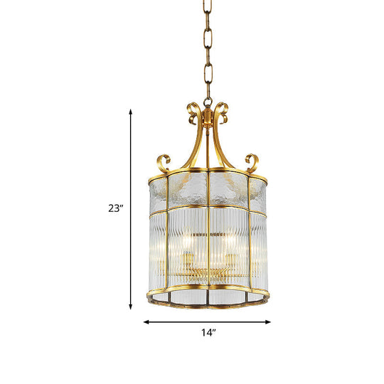 Colonial Gold Clear Prismatic Glass Chandelier - 22/23 H Cylinder Pendant Lamp 4 Bulbs Ideal For