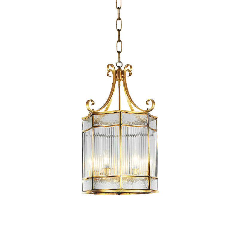 Colonial Gold Clear Prismatic Glass Chandelier - 22/23 H Cylinder Pendant Lamp 4 Bulbs Ideal For