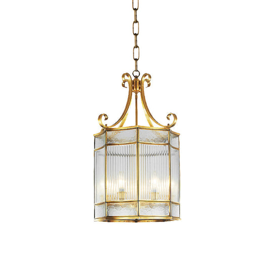 Colonial Gold Clear Prismatic Glass Chandelier - 22/23 H Cylinder Pendant Lamp 4 Bulbs Ideal For