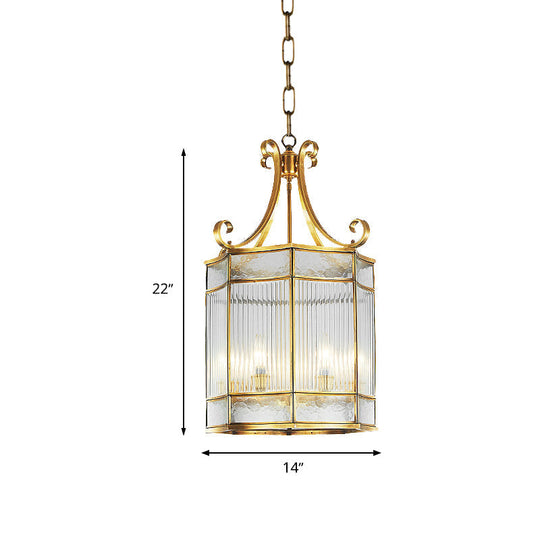 Colonial Gold Clear Prismatic Glass Chandelier - 22/23 H Cylinder Pendant Lamp 4 Bulbs Ideal For