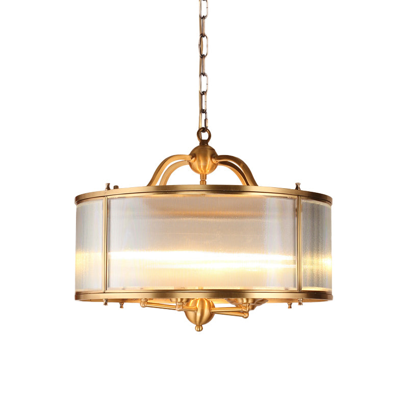 Colonial Frosted Ribbed Glass Drum Kitchen Chandelier - 4/5 Heads Gold Hanging Light Fixture