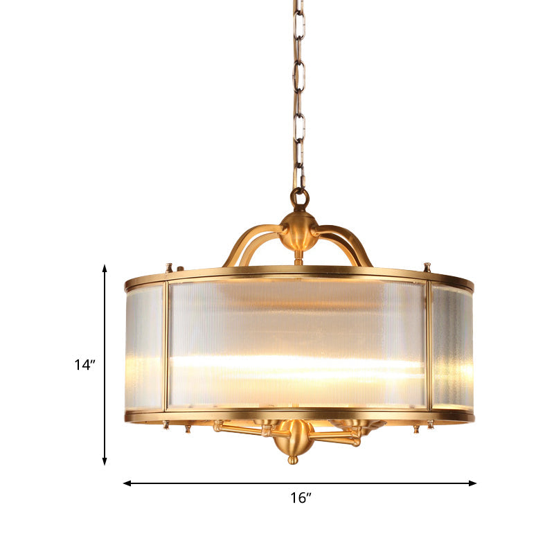 Colonial Frosted Ribbed Glass Drum Kitchen Chandelier - 4/5 Heads Gold Hanging Light Fixture