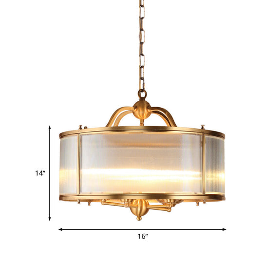 Colonial Frosted Ribbed Glass Drum Kitchen Chandelier - 4/5 Heads Gold Hanging Light Fixture