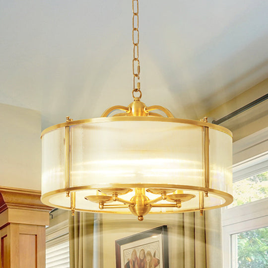 Colonial Frosted Ribbed Glass Drum Kitchen Chandelier - 4/5 Heads Gold Hanging Light Fixture 5 /